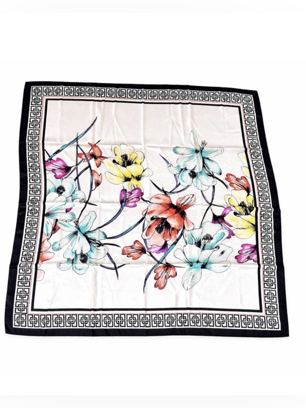 Chico’s Floral Geometric Square Scarf Black Border NWT